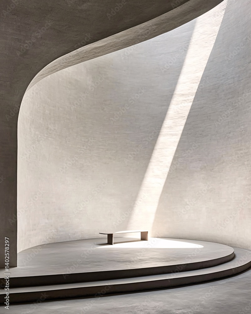 Abstract architectural interior with curved walls and dramatic light casting shadows on minimalist bench and floor