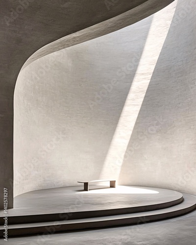 Obraz na płótnie Abstract architectural interior with curved walls and dramatic light casting shadows on minimalist bench and floor w salonie