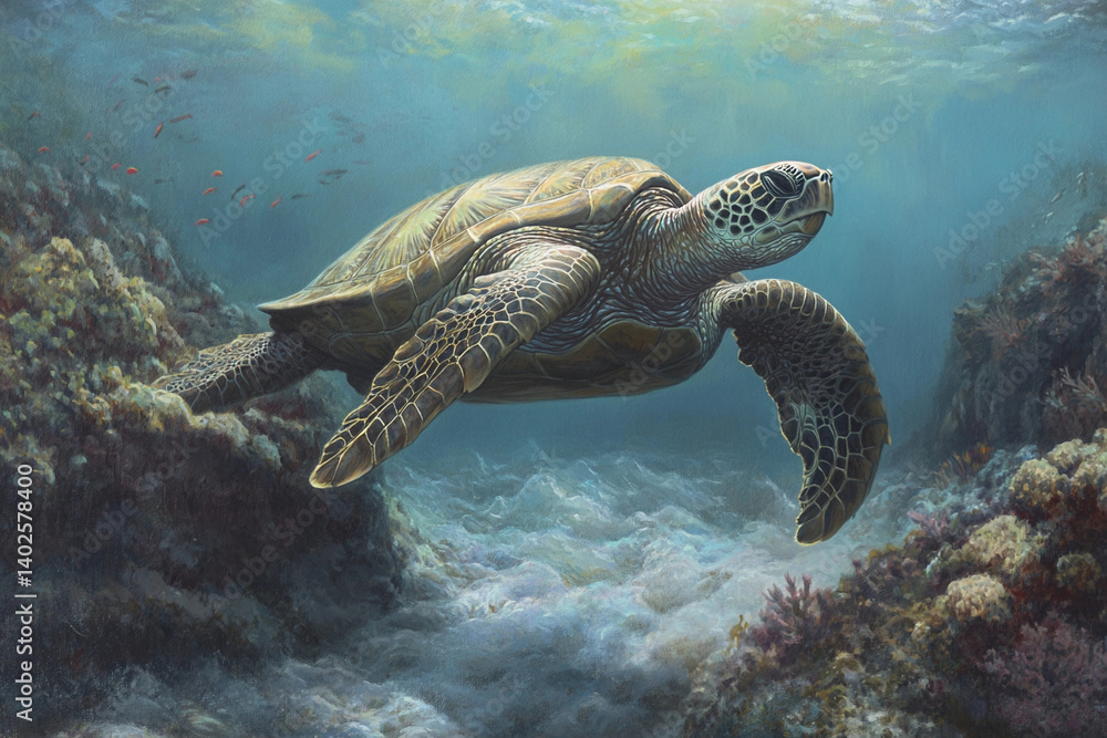 Fototapeta premium Massive sea turtle gliding gracefully over a coral reef in clear ocean waters during midday sunlight