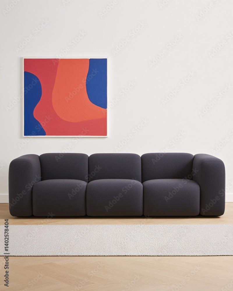 Modern sofa with rounded edges in contemporary living room with abstract wall art and neutral color scheme