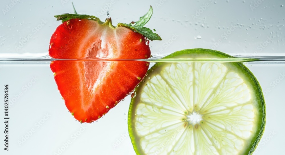 Strawberry and lime slices in water - fresh and vibrant fruit composition Strawberry and lime slices in water - fresh and vibrant fruit composition
