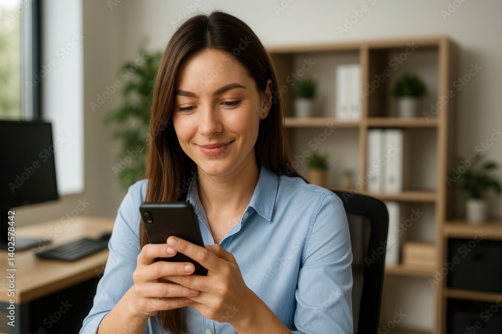 Office worker smiling and using smartphone at desk Office worker smiling and using smartphone at desk