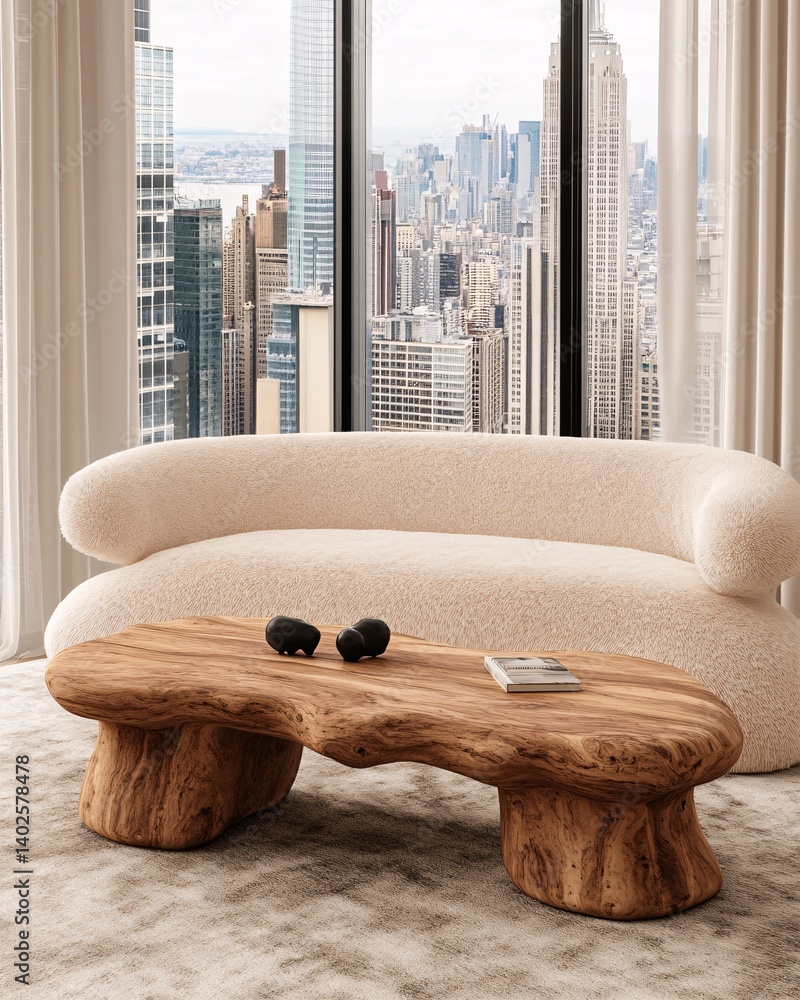 Modern Living Room with Unique Wooden Coffee Table and Soft Beige Sofa Overlooking City Skyline