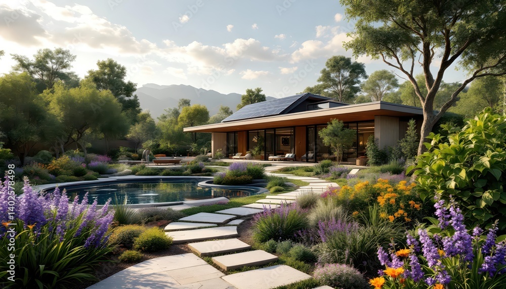 Obraz premium Modern Solar House with Lush Garden and Pool