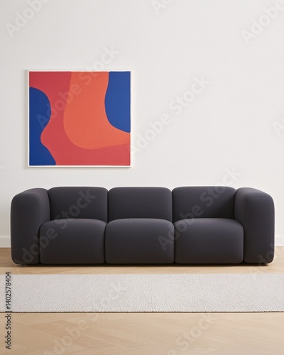 Obraz na płótnie Modern sofa with rounded edges in contemporary living room with abstract wall art and neutral color scheme w salonie