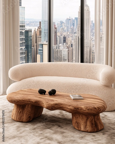 Obraz na płótnie Modern Living Room with Unique Wooden Coffee Table and Soft Beige Sofa Overlooking City Skyline w salonie