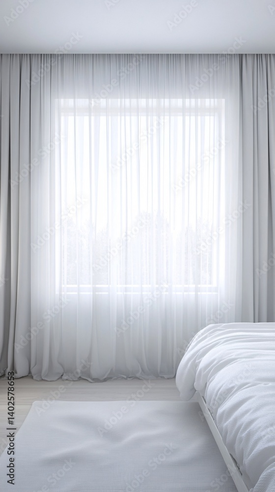 Bright Minimalist Bedroom Interior with Sheer Curtains, Lightweight Bedding, and Soft Natural Light Streaming Through Window