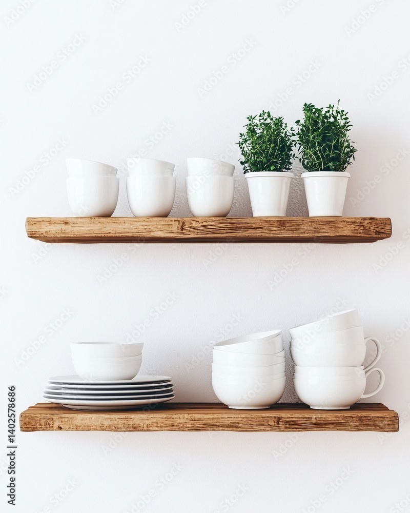 Minimalist Kitchen Shelves with White Tableware and Greenery for Modern Home Decor and Lifestyle Inspiration