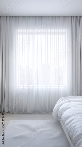 Obraz na płótnie Bright Minimalist Bedroom Interior with Sheer Curtains, Lightweight Bedding, and Soft Natural Light Streaming Through Window w salonie