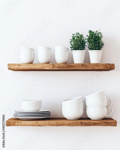 Obraz na płótnie Minimalist Kitchen Shelves with White Tableware and Greenery for Modern Home Decor and Lifestyle Inspiration w salonie
