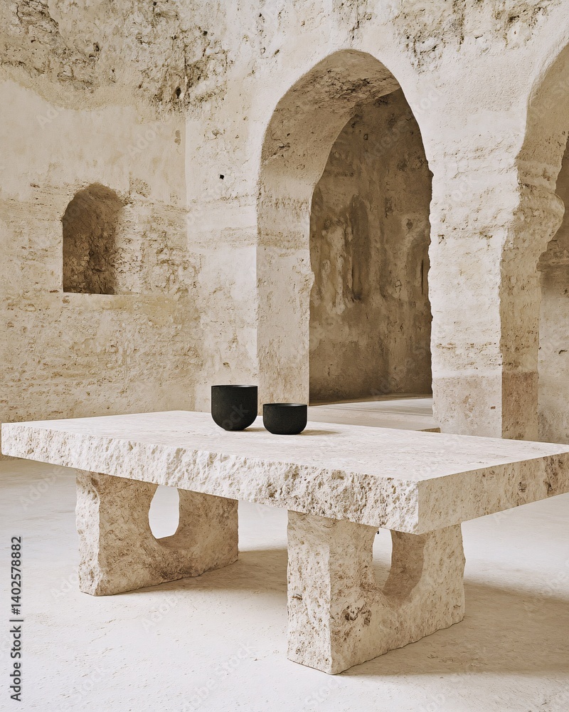 Rustic stone table with minimalist black vases in serene architectural interior with textured walls and arches