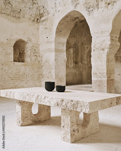 Obraz na płótnie Rustic stone table with minimalist black vases in serene architectural interior with textured walls and arches w salonie