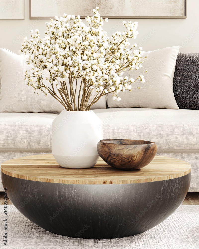 Cozy living room with modern round coffee table, decorative bowl, and elegant flower arrangement in stylish interior design