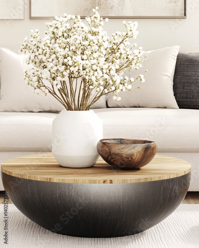 Obraz na płótnie Cozy living room with modern round coffee table, decorative bowl, and elegant flower arrangement in stylish interior design w salonie