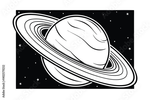 Monochrome Saturn Planet Illustration Featuring Prominent Rings And Starry Background For Scientific And Educational Purposes
