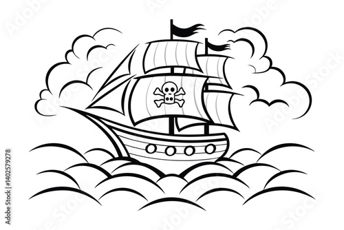 Cartoon Pirate Ship Sailing On The Sea With Skull And Crossbones In Black And White Illustration
