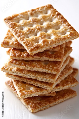 Stack of Golden Brown Crispy Crackers Piled Neatly on a Clean White Background