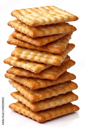Obraz na płótnie Stack of Golden Brown Savory Crackers Piled Neatly on White Background for Culinary, Snack, and Food Photography w salonie