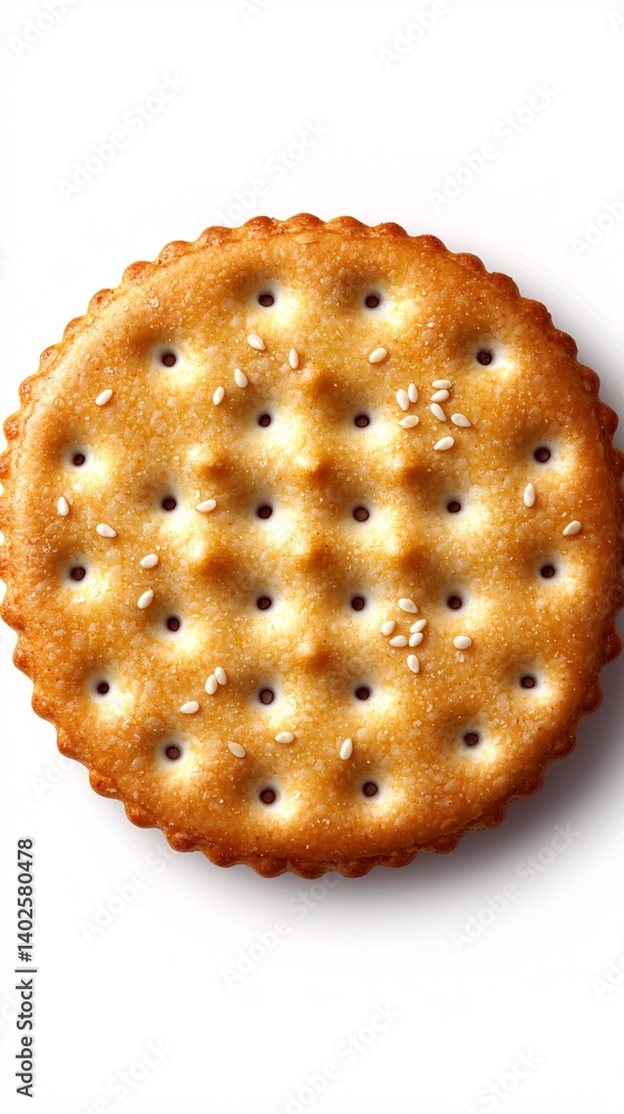 Golden Brown Round Cracker with Sesame Seeds on White Background for Culinary or Snack Themes