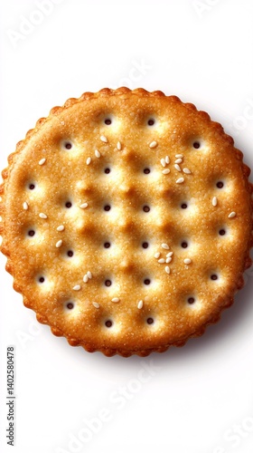 Obraz na płótnie Golden Brown Round Cracker with Sesame Seeds on White Background for Culinary or Snack Themes w salonie