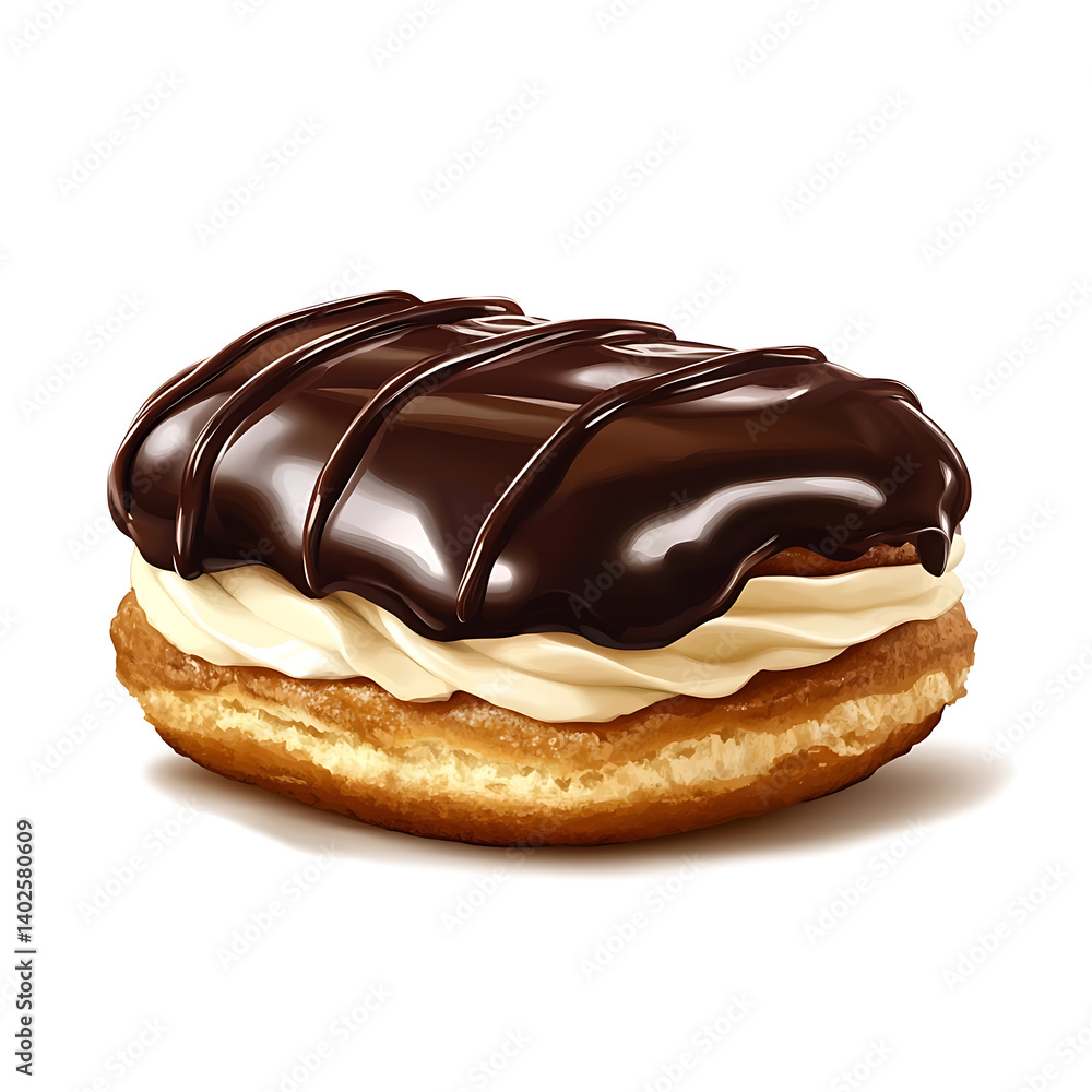 A freshly baked chocolate eclair with a smooth chocolate glaze, soft puff pastry, and creamy filling A freshly baked chocolate eclair with a smooth chocolate glaze, soft puff pastry, and creamy filling