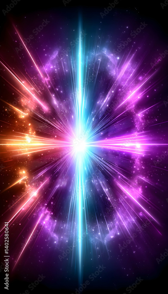Naklejka premium Vibrant cosmic explosion with bright, multicolored energy beams radiating from a central point