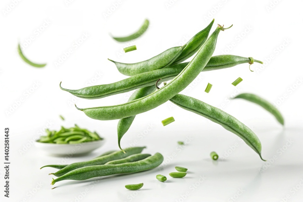 Floating Fresh Green Beans Macro Isolated on White with Motion Blur Floating Fresh Green Beans Macro Isolated on White with Motion Blur