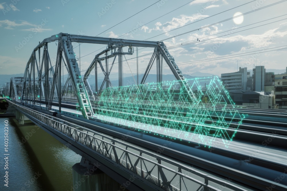 Fototapeta premium Digital representation of a train on a bridge in a futuristic city environment
