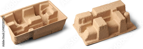 set of molded pulp packaging inserts isolated white background, light brown fibrous eco-friendly material designed to hold and protect products during shipping 