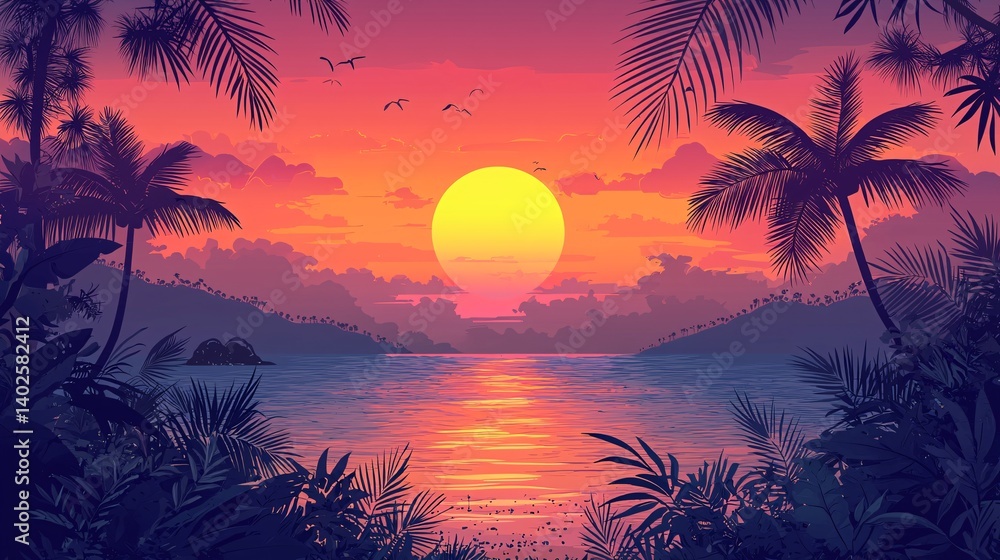 Serene Sunset Over Tropical Beach with Palm Trees and Colorful Sky Reflections