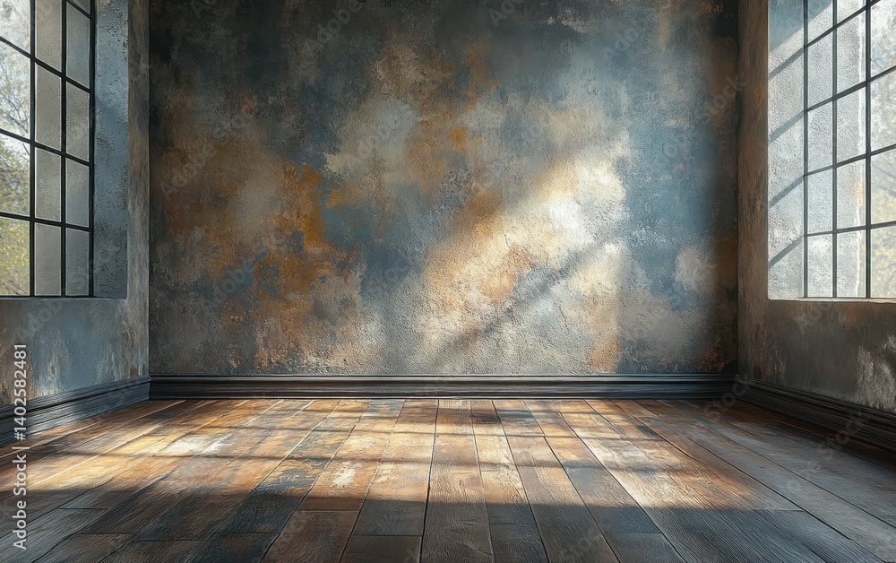 Minimalist Rustic Interior Scene with Wooden Floorboards and Textured Wall Minimalist Rustic Interior Scene with Wooden Floorboards and Textured Wall