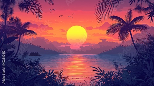 Serene Sunset Over Tropical Beach with Palm Trees and Colorful Sky Reflections