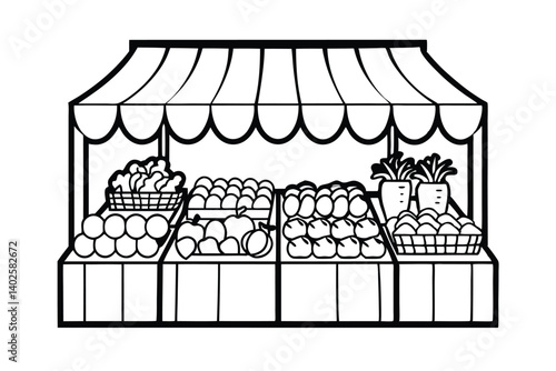 Black And White Line Art Illustration Of A Farmers Market Stall Displaying Fresh Produce And Vegetables For Sale