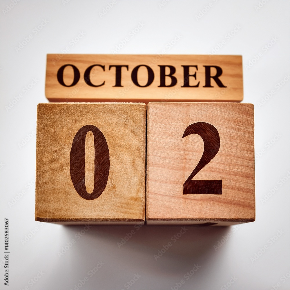 Minimalist photo of wooden blocks with date 2 October. Day and month, calendar on white background Minimalist photo of wooden blocks with date 2 October. Day and month, calendar on white background
