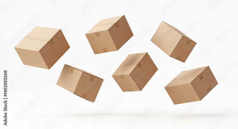 Cajas de cartón flotando o volando aisladas sobre fondo blanco. Concepto de logística de entrega para diseño moderno. Cajas de cartón flotando o volando aisladas sobre fondo blanco. Concepto de logística de entrega para diseño moderno.