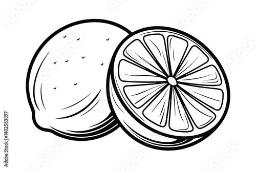 Fresh Lemon Whole And Slice Outline Illustration In Black And White Style For Coloring Book Page Design
