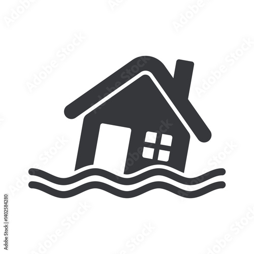 Isolated pictogram showing a house submerged in water, symbolizing flooded building and a flood area or emergency situation.