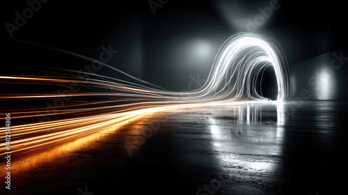 Futuristic swirling light trails create abstract shapes that invoke energy and innovation in a dark environment