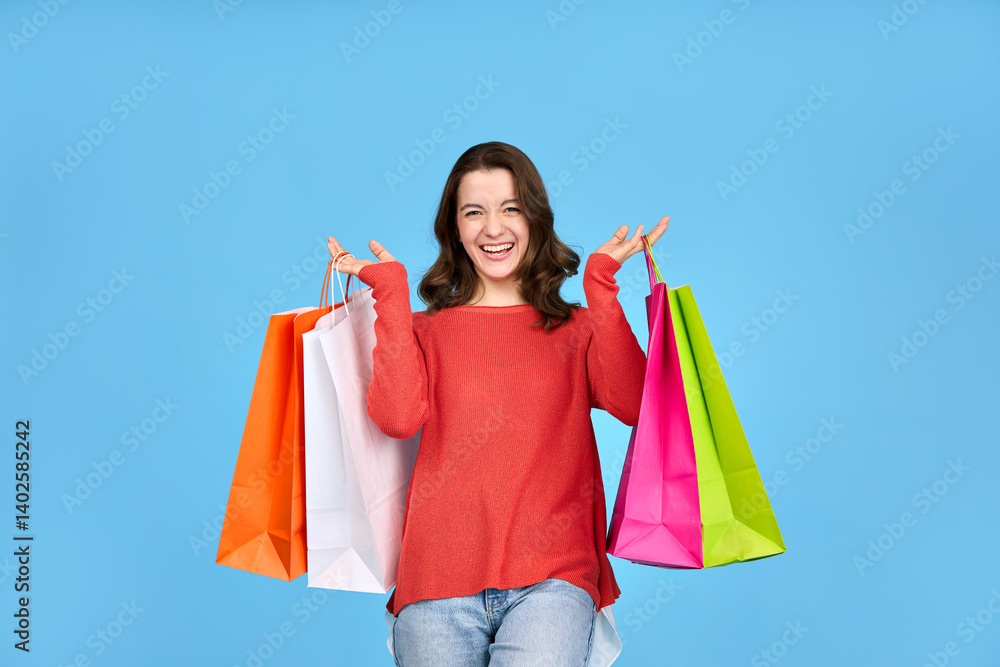 Happy girl with purchases in her hands. Happy girl with purchases in her hands.