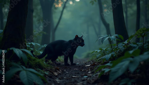 Mysterious Cat Amid Greenery and Mist
