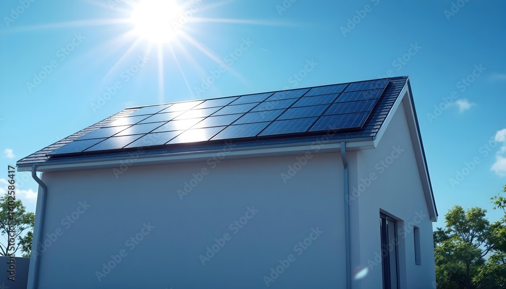 Fototapeta premium Solar Panels on House Roof Bright Sunny Day Energy