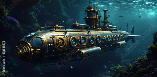 Steampunk Submarine Artwork Underwater Scene Digital Painting
