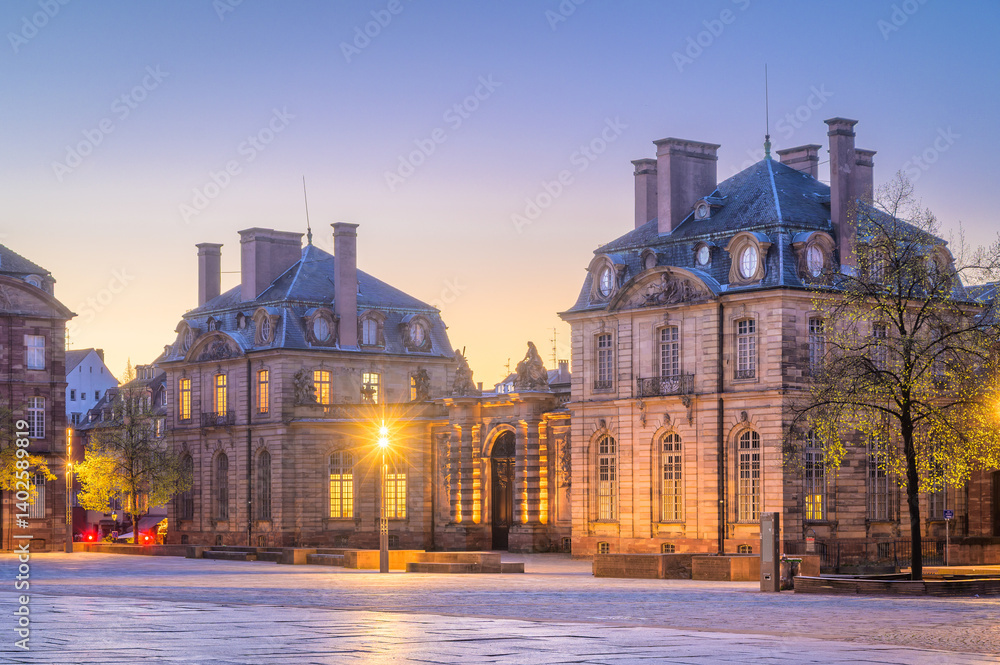 Historic architecture illuminated at dusk in Strasbourg, France