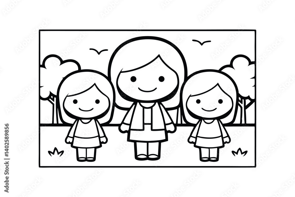 Cartoon Mother With Two Daughters In Park Scene Black And White Line Art Illustration Cartoon Mother With Two Daughters In Park Scene Black And White Line Art Illustration