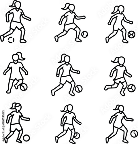 Outline Icons of Girls Playing Soccer in Various Poses