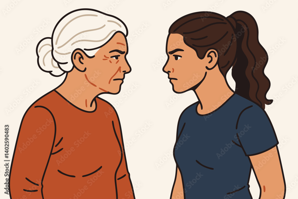 Generational Connection Concept Illustration of Mother and Daughter in Profile View, Featuring Simple Flat Design Style and Warm Tones Generational Connection Concept Illustration of Mother and Daughter in Profile View, Featuring Simple Flat Design Style and Warm Tones