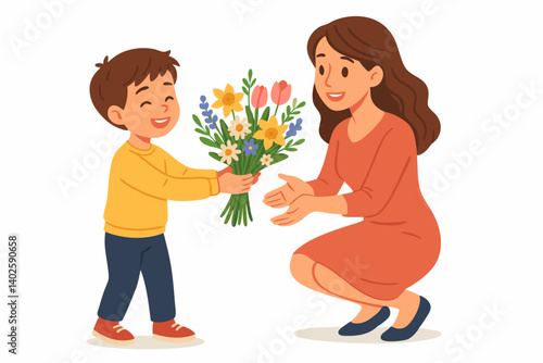 Adorable Smiling Boy Giving Spring Flower Bouquet to Mother, Colorful Tulips Daffodils and Daisies Gift, Family Love Celebration Illustration, Mother's Day Greeting Card Concept, Parent Child Moment