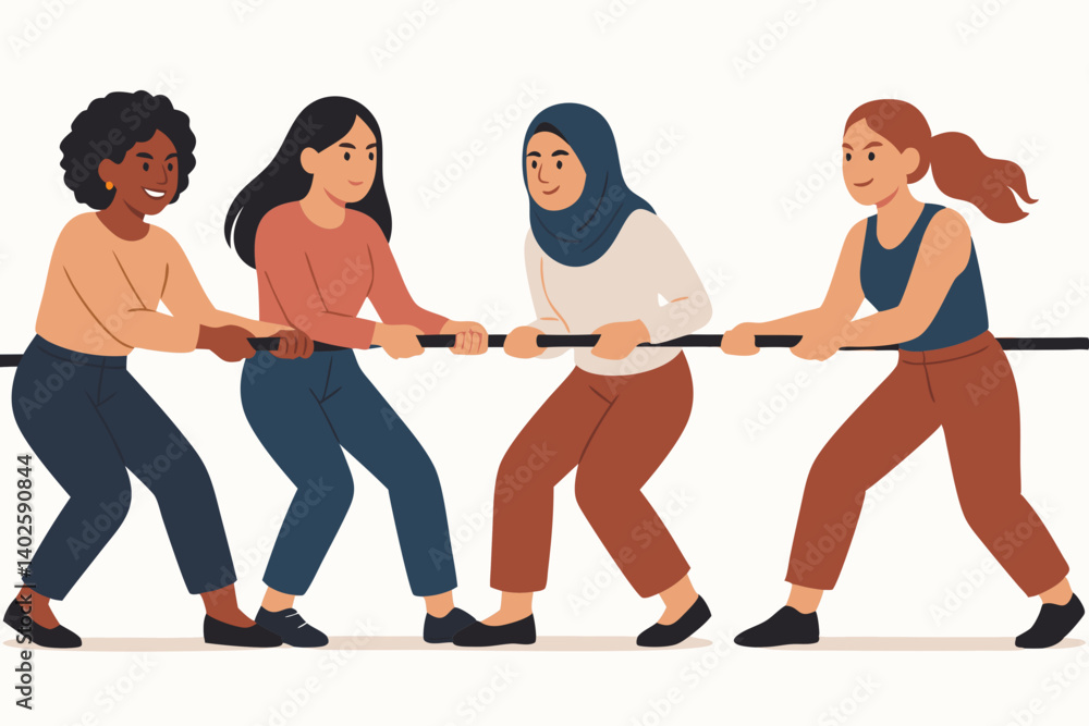 Naklejka premium Diverse Women Unite: Powerful Tug-of-War Teamwork Illustration, Multicultural Feminine Strength and Collaboration, Inclusive Workplace Concept Vector Graphic for Corporate Diversity Campaigns