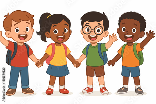 Diverse Multicultural Children Holding Hands with Backpacks, Cheerful Elementary School Students in Colorful Casual Clothing, Cartoon Vector Illustration for Education, Friendship, Inclusion and Unity