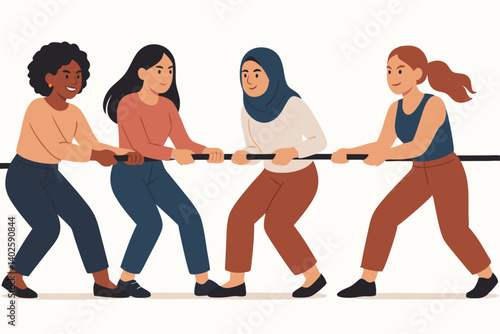 Diverse Women Unite: Powerful Tug-of-War Teamwork Illustration, Multicultural Feminine Strength and Collaboration, Inclusive Workplace Concept Vector Graphic for Corporate Diversity Campaigns